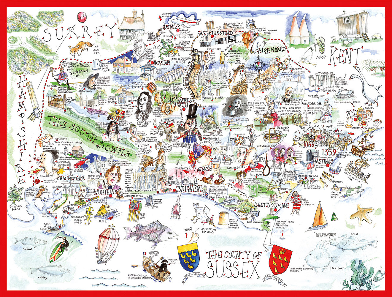 Witzige Landkarte Von Sussex Puzzle – 1000 Teile, 66x50 Cm, Lustiges Kunstwerk Von Tim Bulmer