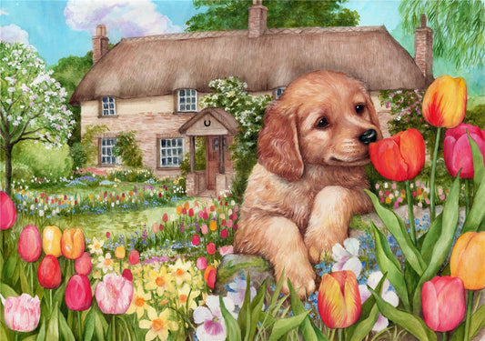 Puppy at Tulip Cottage - Debbie Cook 1000 & 500 Piece Jigsaw Puzzle